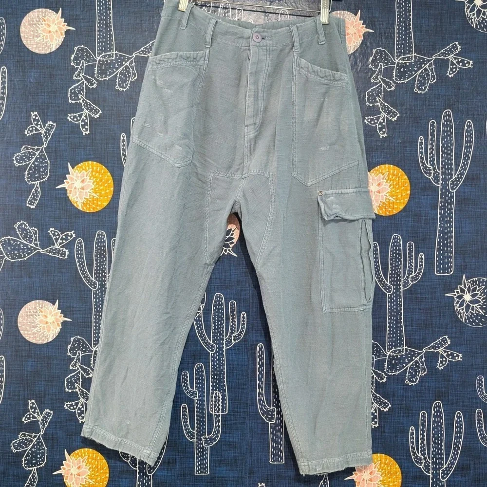 Free People Blue Grey Slub Texture Utility Cargo Pants XS Relaxed Tapered Leg - Picture 5 of 13